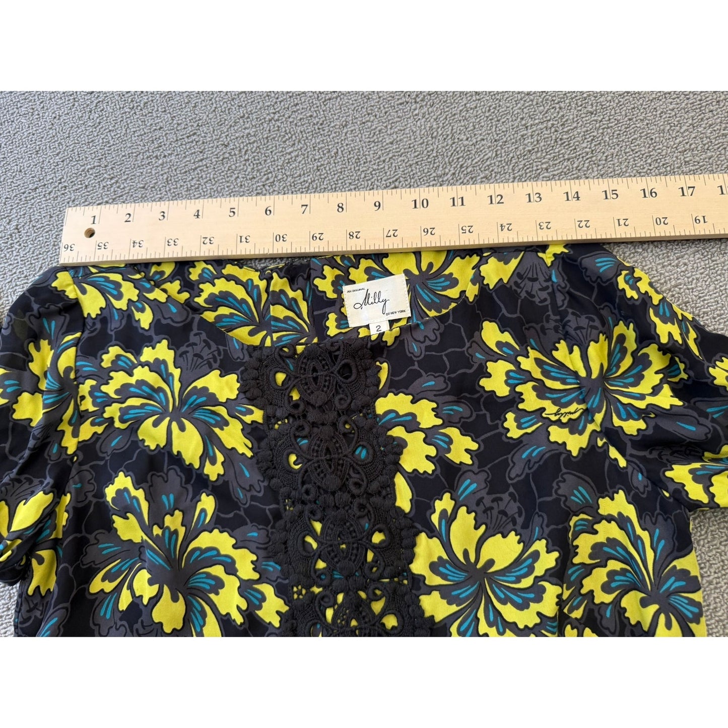 Original Milly Women's Size 2 Black Yellow Floral Mini Dress Long Sleeve