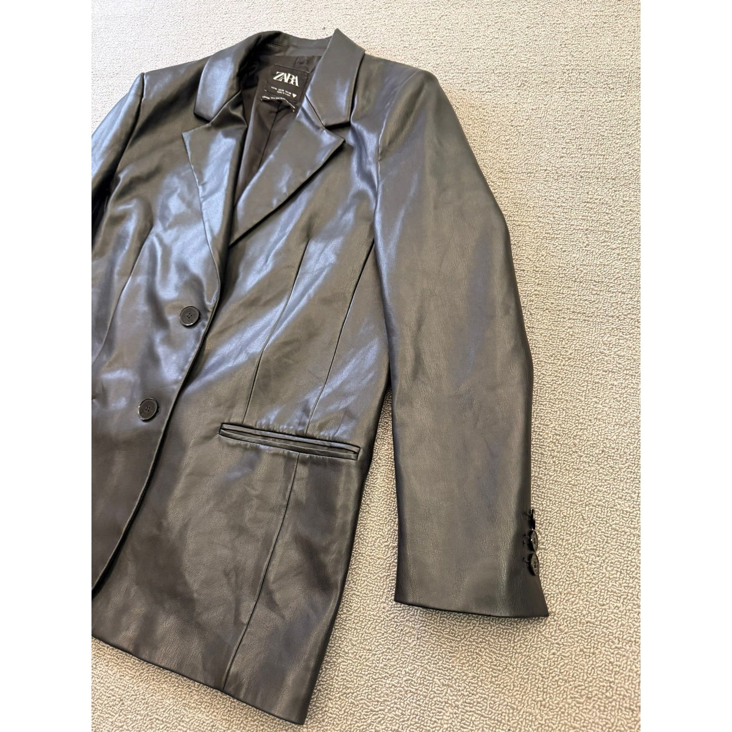 ZARA Women's Medium Black Faux Leather Blazer Double Button