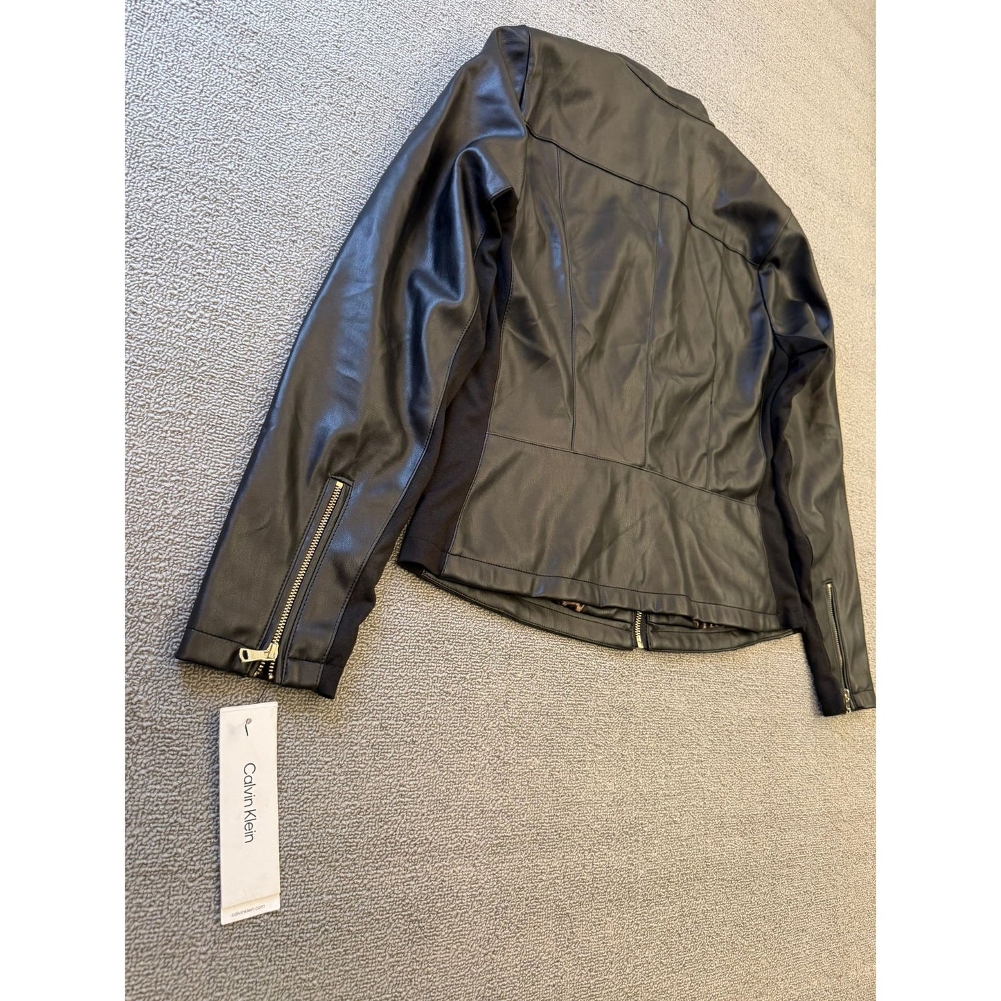 Calvin Klein Womens Large Black Faux Leather Biker Jacket Gold Zippers