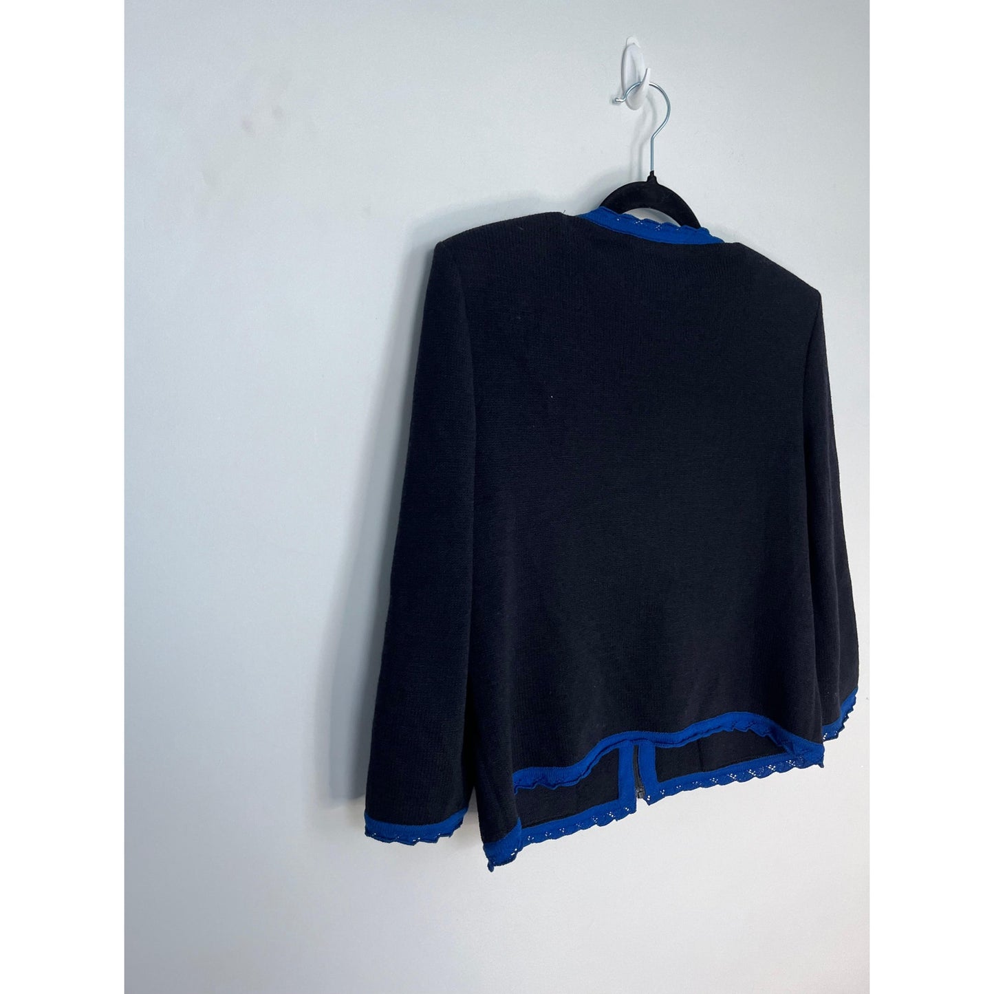 St John Collection Knit Blazer Jacket Women 4 Navy Blue Contrast Trim Zip