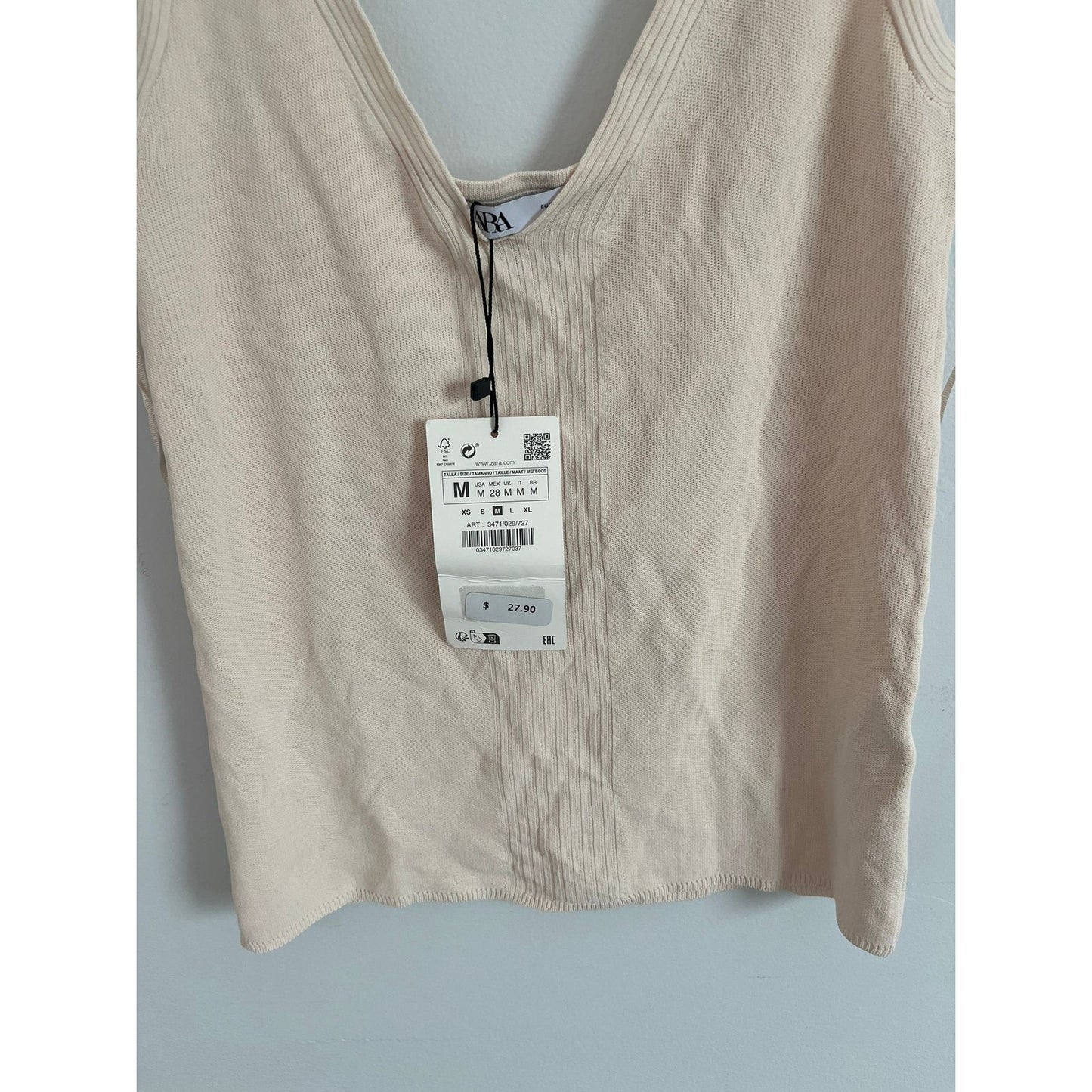 ZARA Tank Top Women M Beige Ribbed Knit Square Neck Sleeveless