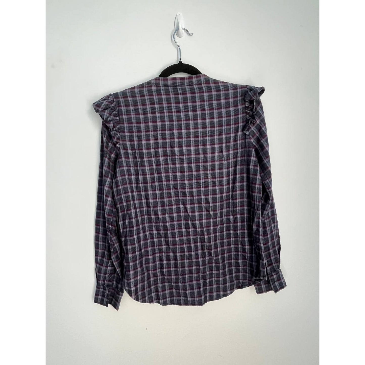PAIGE Ruffle Shoulder Plaid Button Shirt Women XS Purple Gray Long Sleeve Top