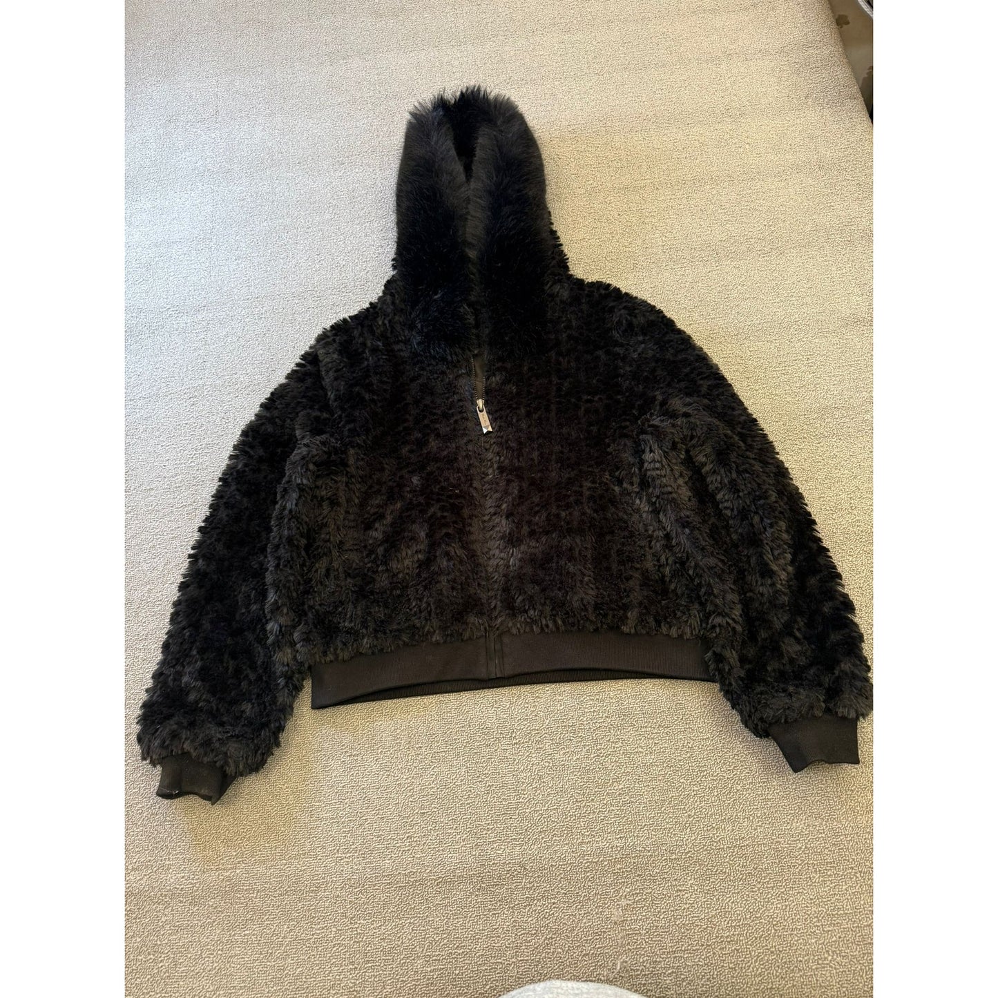 Belle Fare Women's L Large Black Faux Fur Hooded Zip Up Jacket Coat