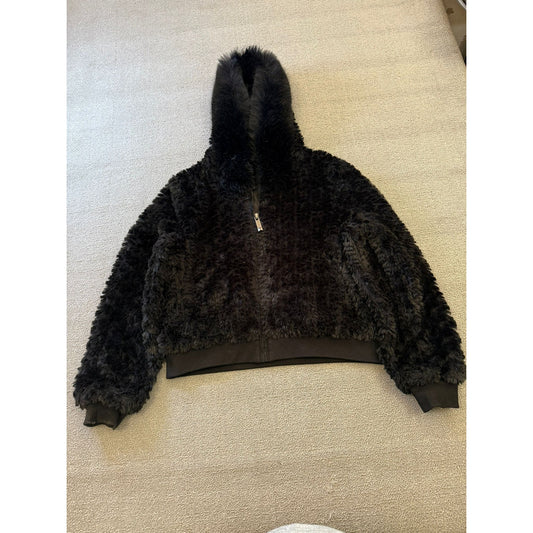 Belle Fare Women's L Large Black Faux Fur Hooded Zip Up Jacket Coat