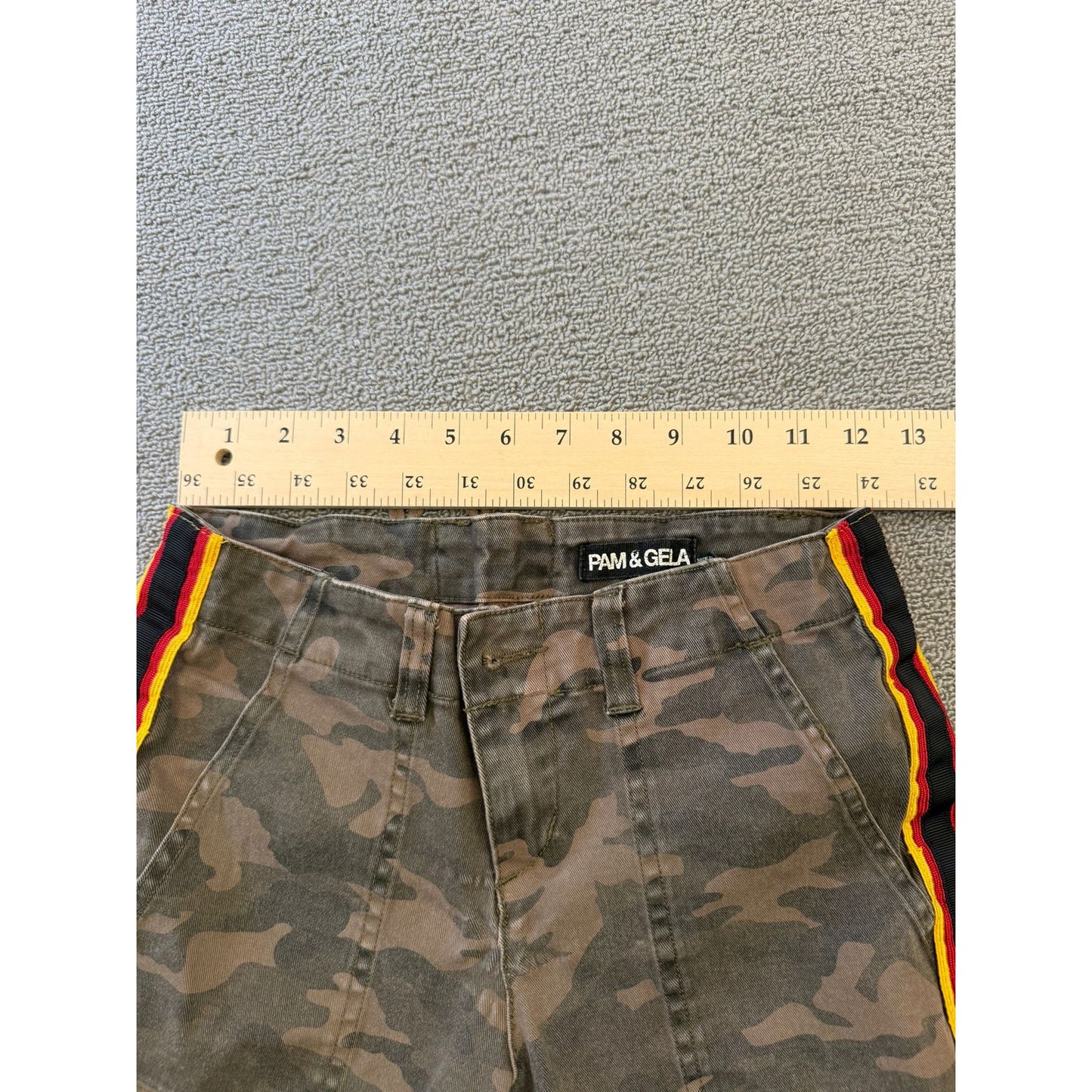 PAM & GELA Women's 24 Camo Camouflage Red Yellow Stripe Distressed Pants