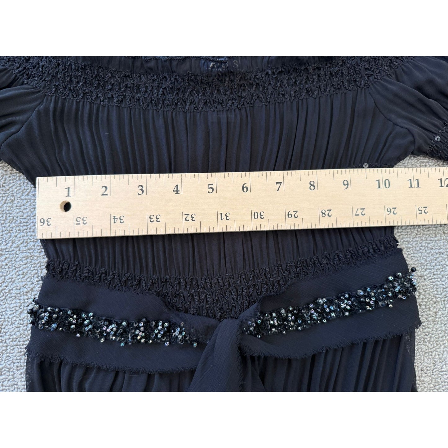 ABS Allen Schwartz Women XXS Sheer Black Sequin Beaded Tiered Ribbon Tie Dress