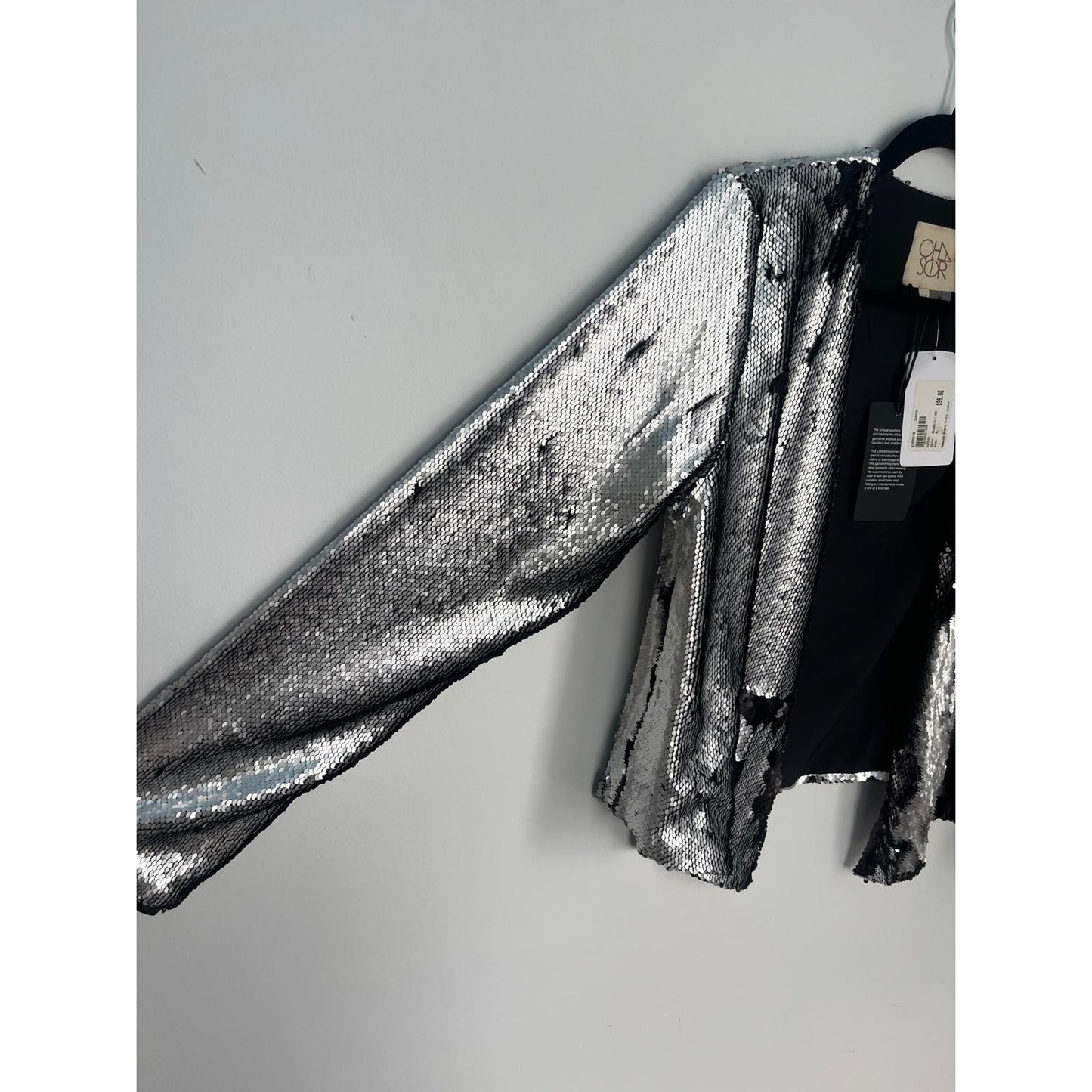 Chaser Sequin Jacket Women Medium Silver Black Open Front Party Blazer NWT