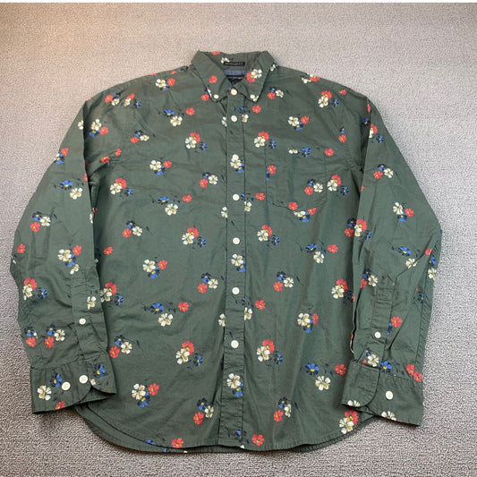 BANANA REPUBLIC Large Green Floral Untucked Fit Long Sleeve Button Down Shirt