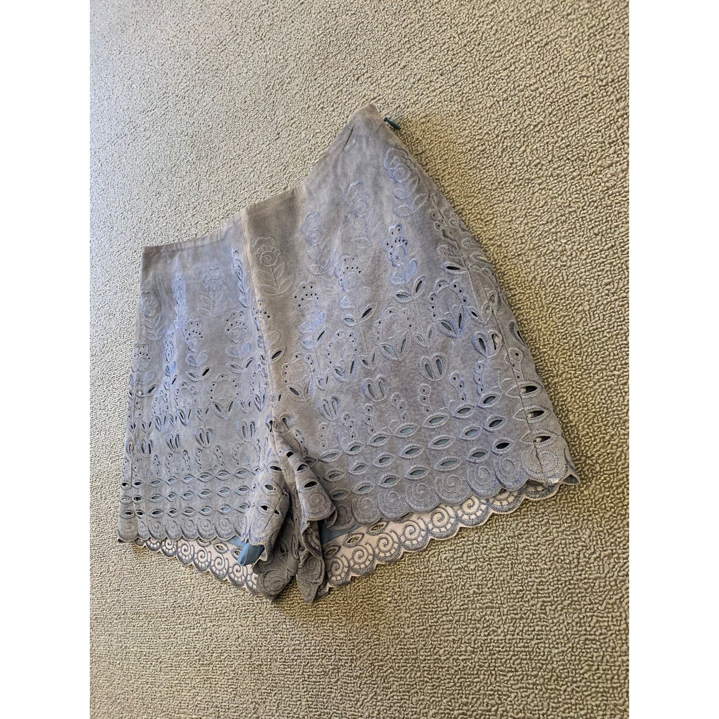 INTERMIX Women's Suede Shorts S Blue Floral Laser Cut Scalloped Hem High Waist