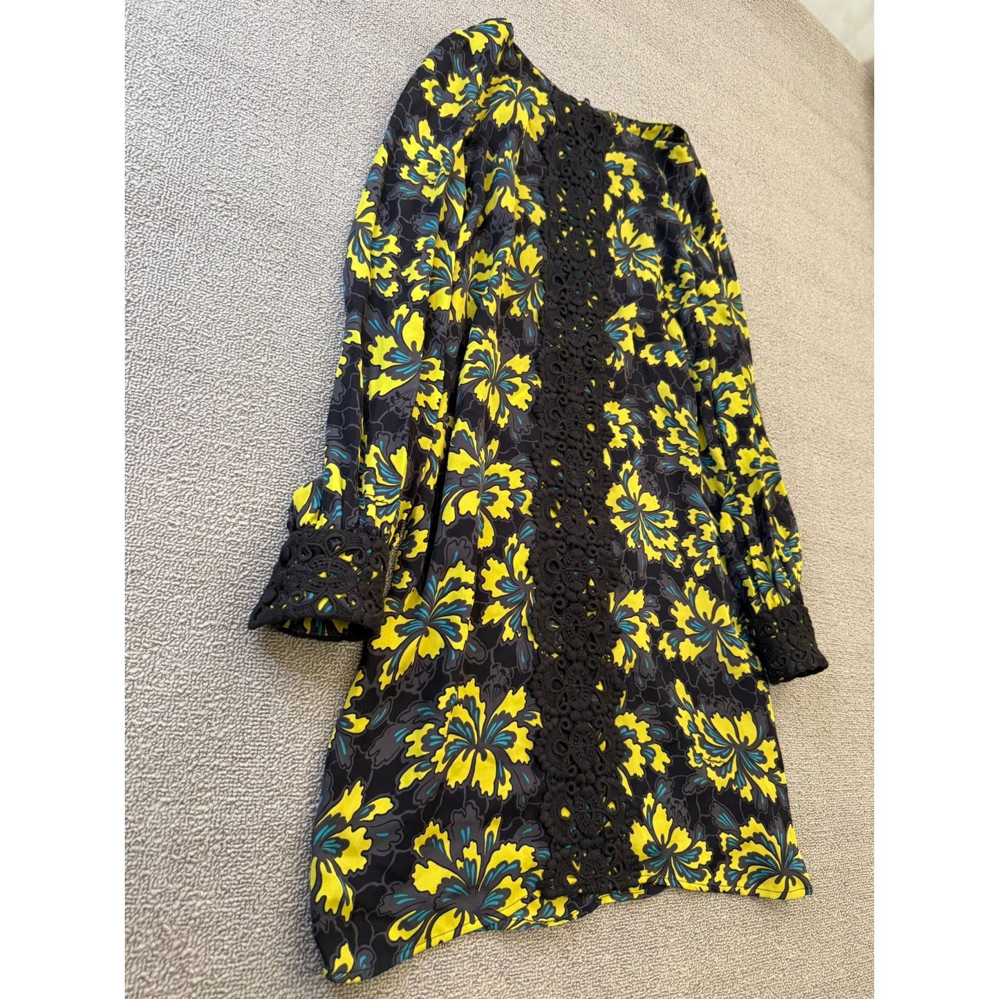 Original Milly Women's Size 2 Black Yellow Floral Mini Dress Long Sleeve
