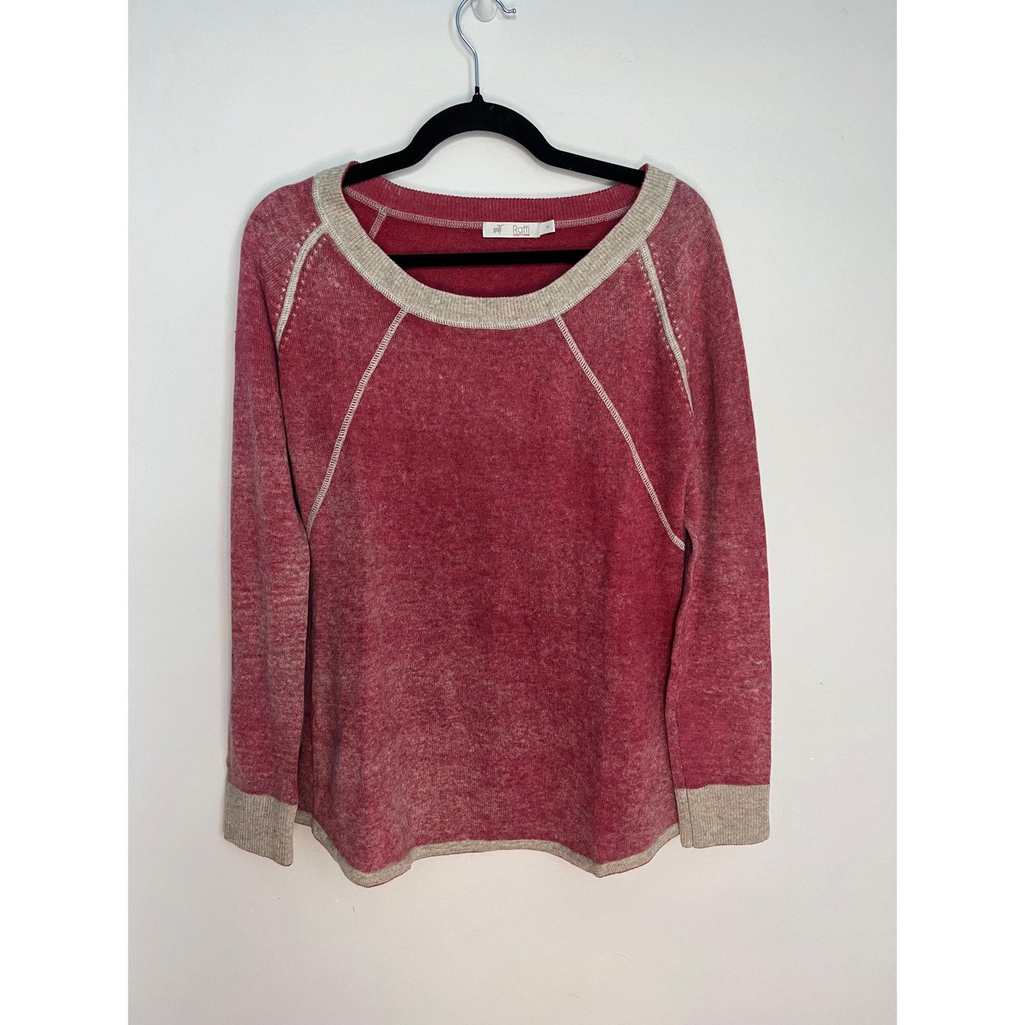 Raffi Cashmere Raglan Sweater Women M Red Contrast Stitch Crewneck