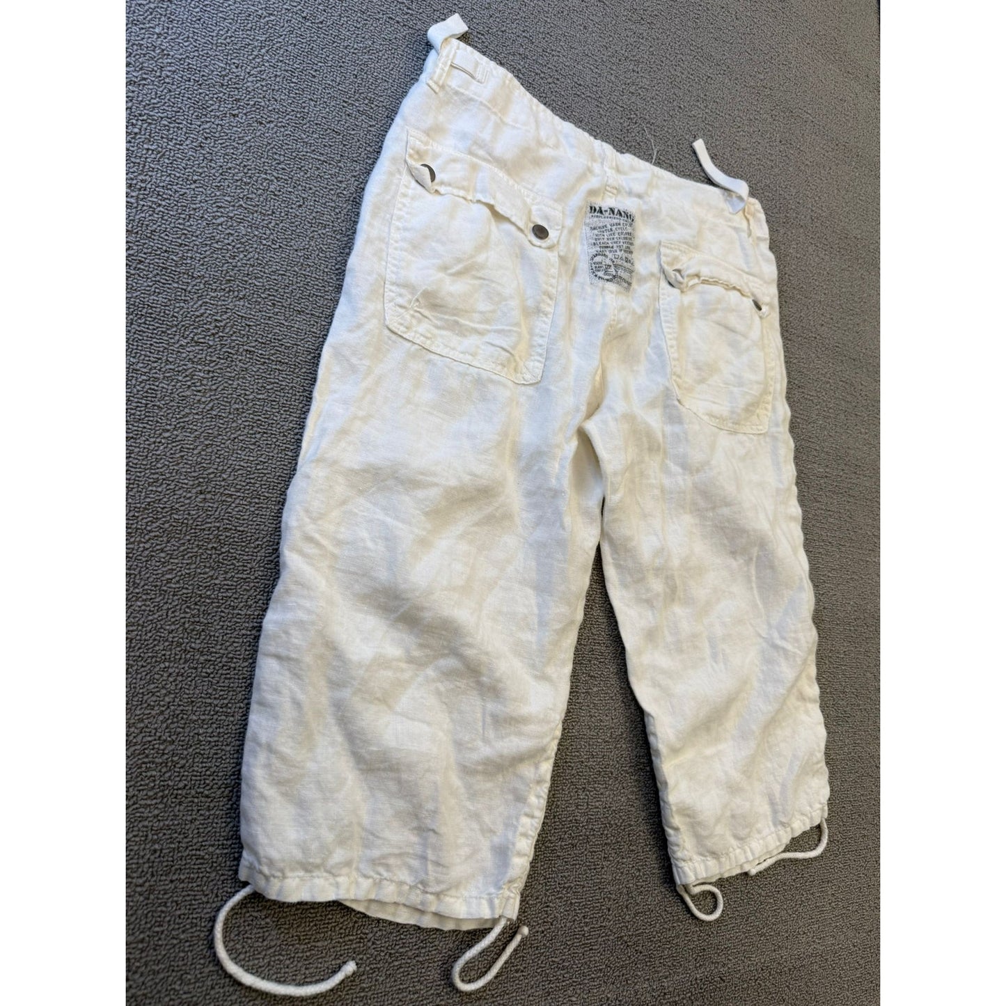 Dā Nang Women Medium White Linen Capris Pants Adjustable Hem