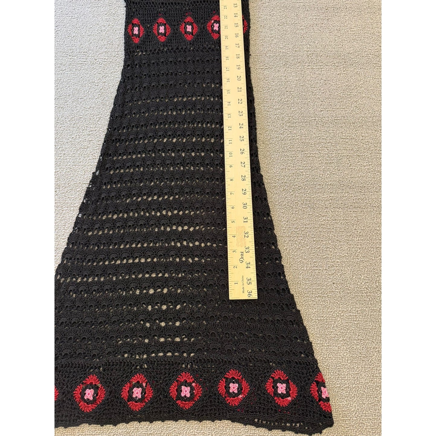 ABS by Allen Schwartz Crochet Small Maxi Dress Black Red Floral Boho