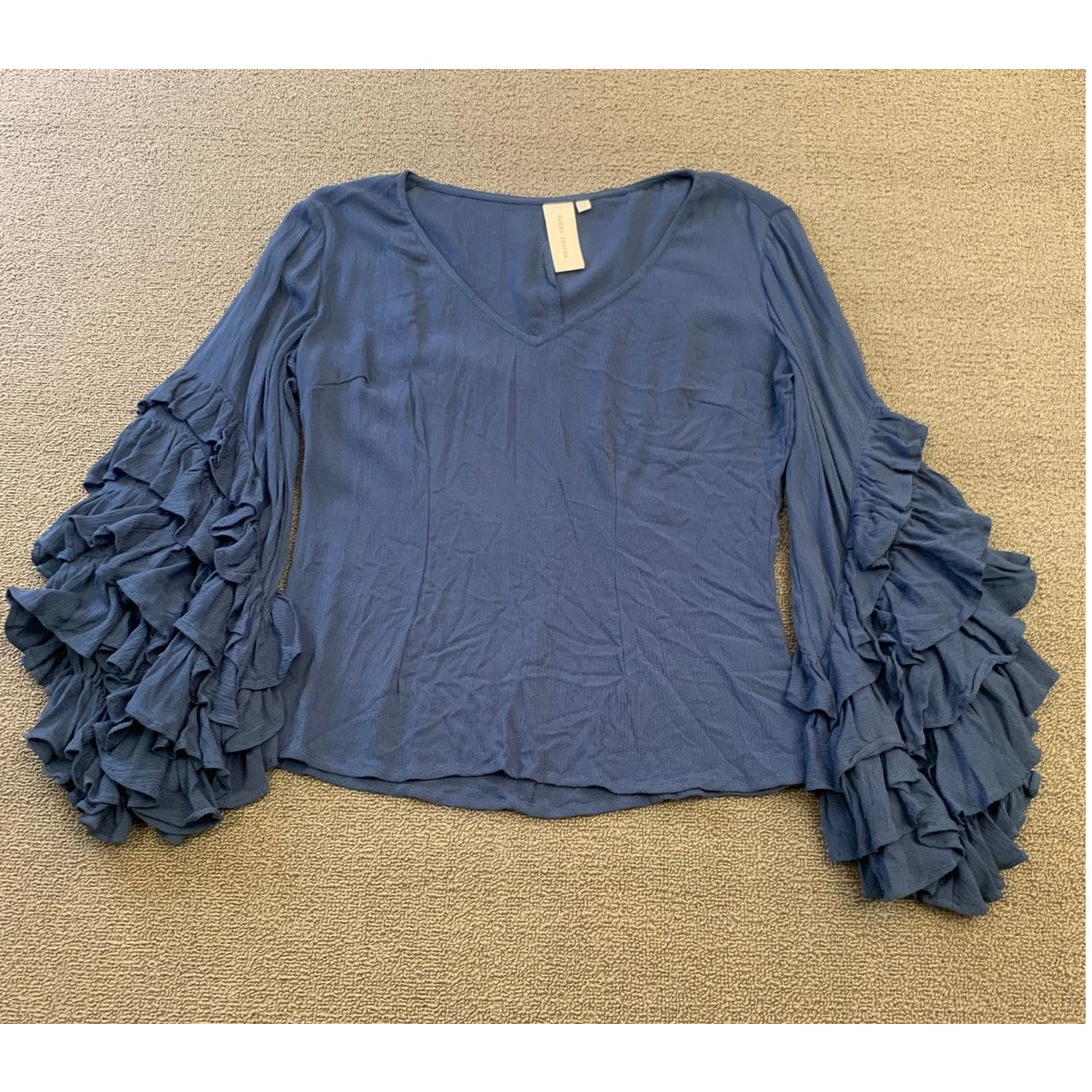 Guest Editor Women's XS  Blouse Top Blue Tiered Frill Sleeve Rayon Crepe