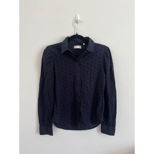 7 For All Mankind Eyelet Button Down Shirt Women XS Navy Blue Blouse Cotton Top