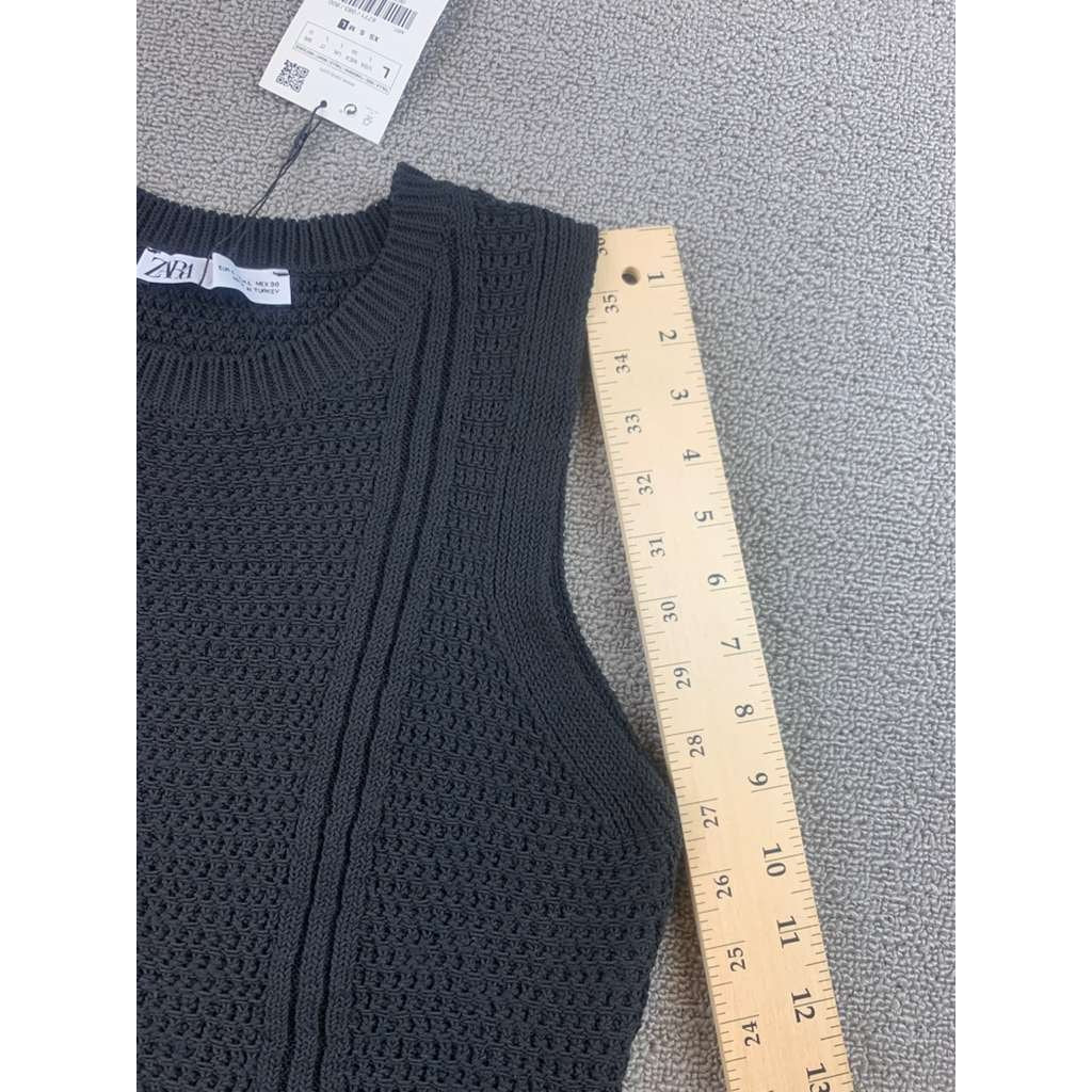 Zara Sweater Vest Women L Black Knit Crewneck Sleeveless Crochet Hem NWT