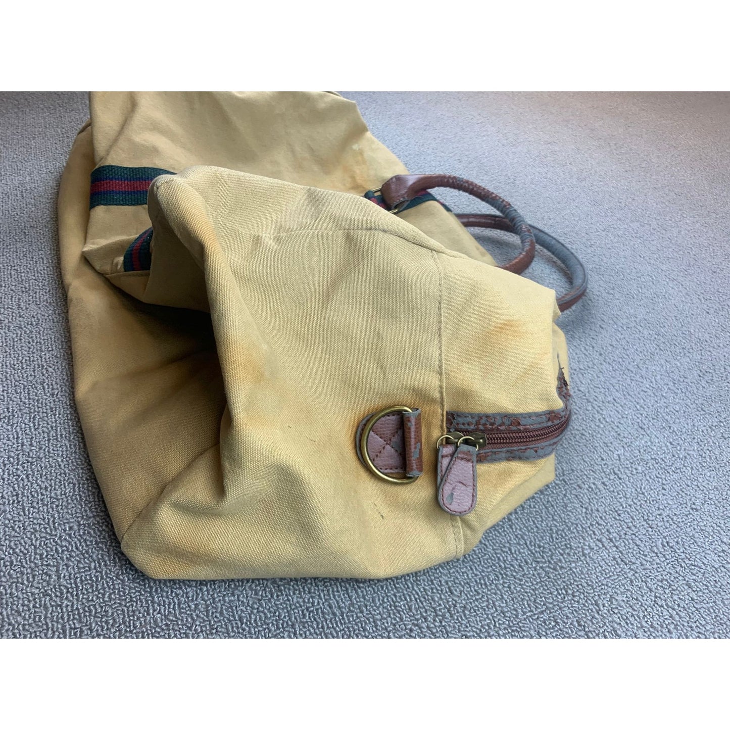 Vintage Polo Ralph Lauren Tan Green Red Stripe Canvas Overnight Duffel Bag