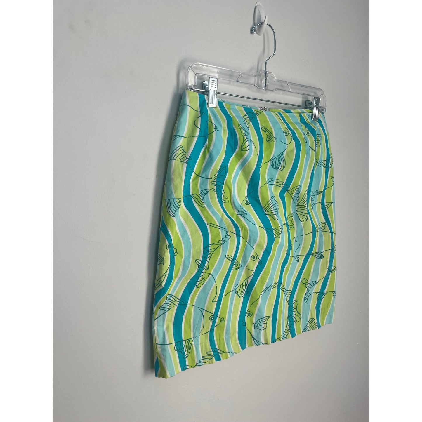Lilly Pulitzer Mini Vintage Skirt Women 6 Green Blue Fish Print Cotton Beach