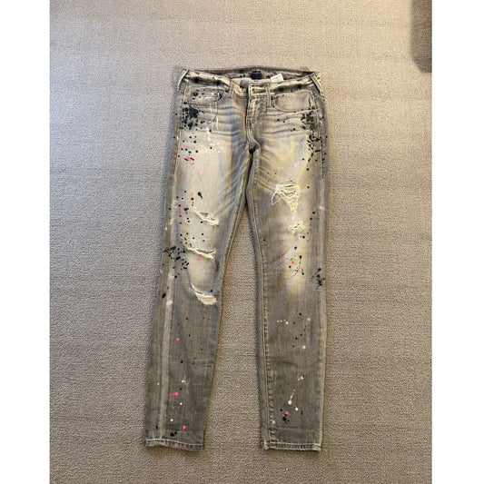 True Religion Halle 26 Gray Paint Splatter Distressed Skinny Jeans