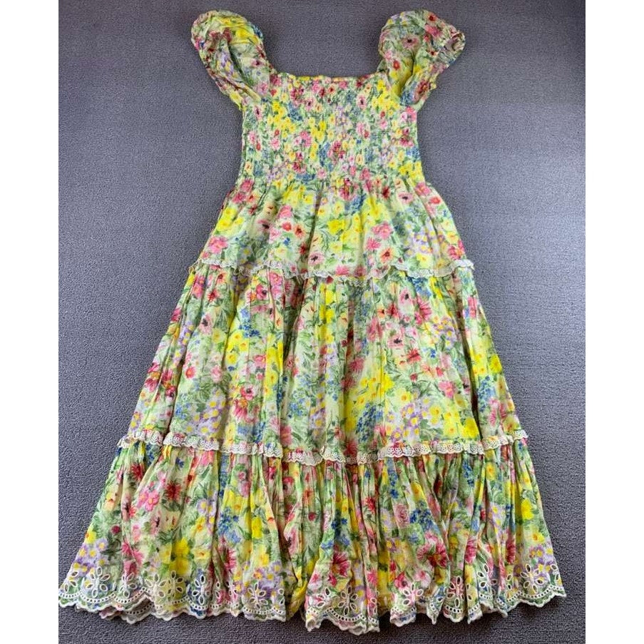 Love Shack Fancy Floral Dress Women XS Yellow Puff Sleeve Smocked Tiered Eyelet