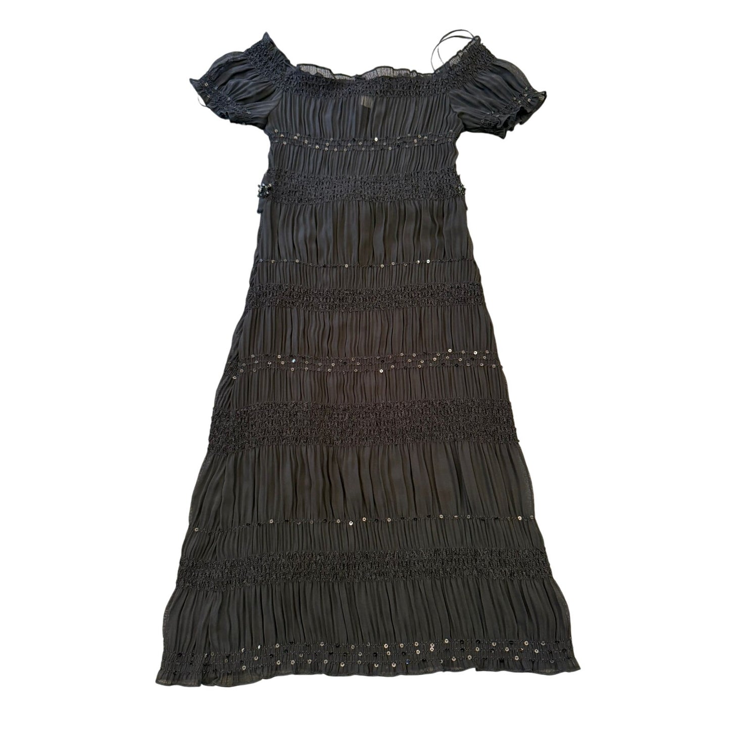 ABS Allen Schwartz Women XXS Sheer Black Sequin Beaded Tiered Ribbon Tie Dress