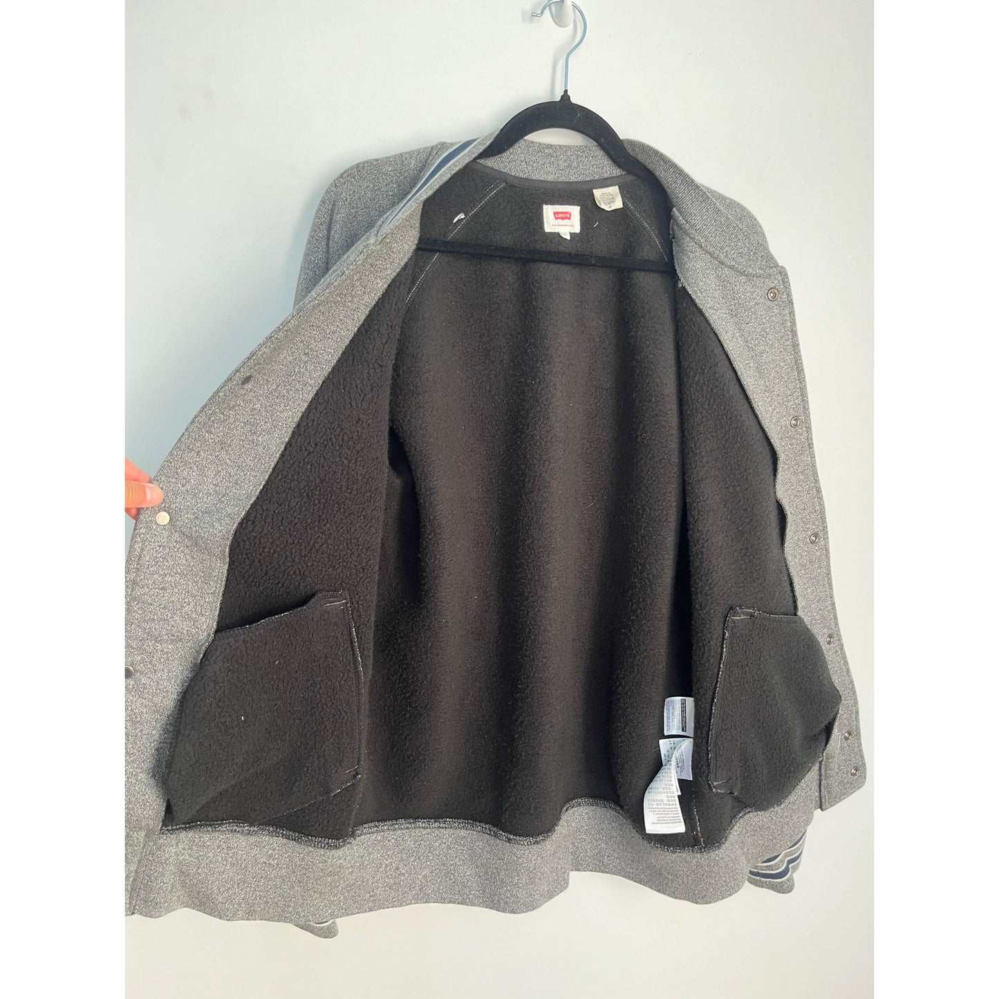 Levis Varsity Jacket Men L Gray Wool Vinatge Rare Blend Snap Front Striped Trim