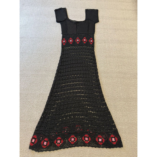 ABS by Allen Schwartz Crochet Small Maxi Dress Black Red Floral Boho