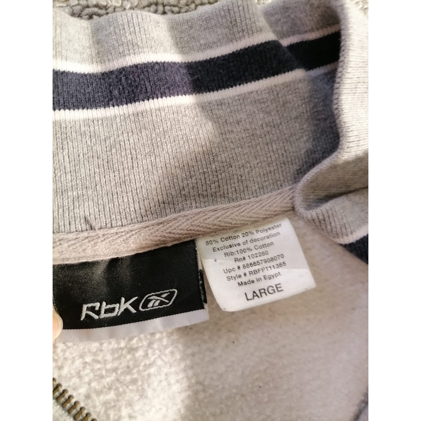Reebok Large Male Grey Striped Quarter Zip Cotton Blend Pullover Sweatshirt