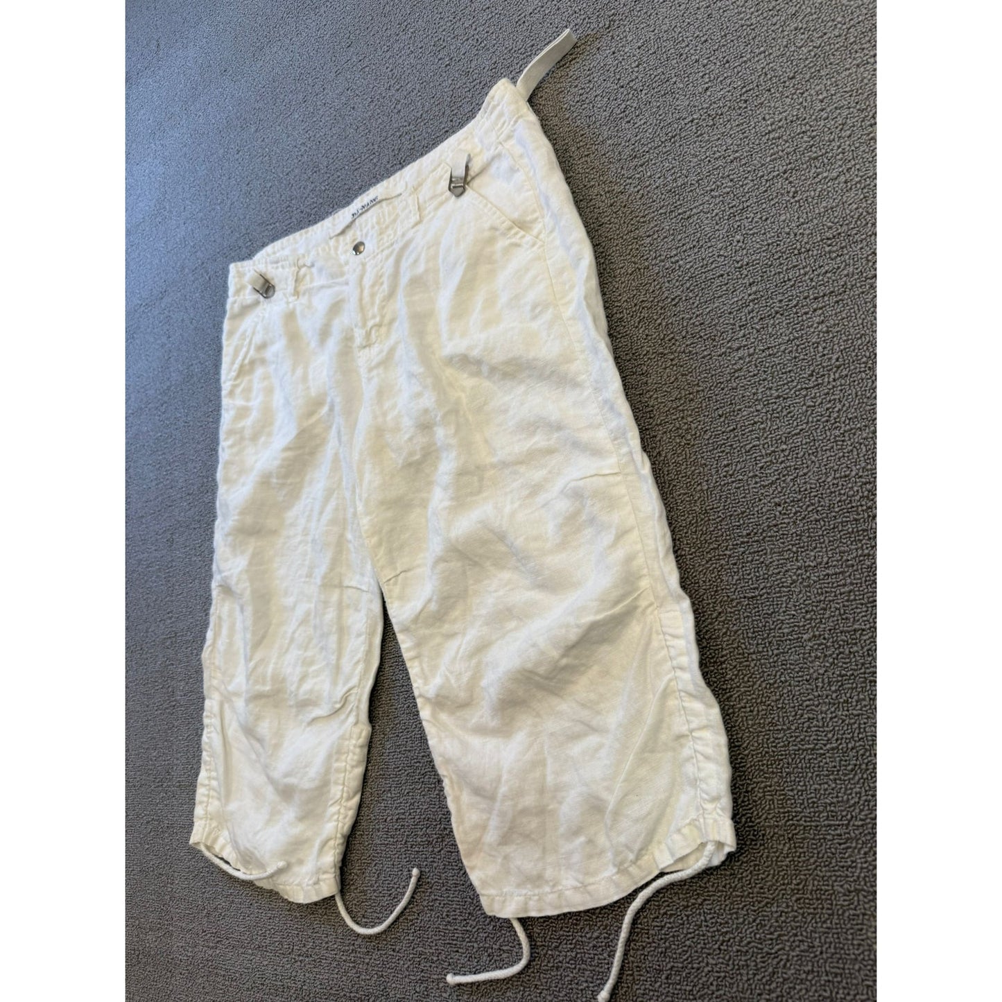 Dā Nang Women Medium White Linen Capris Pants Adjustable Hem