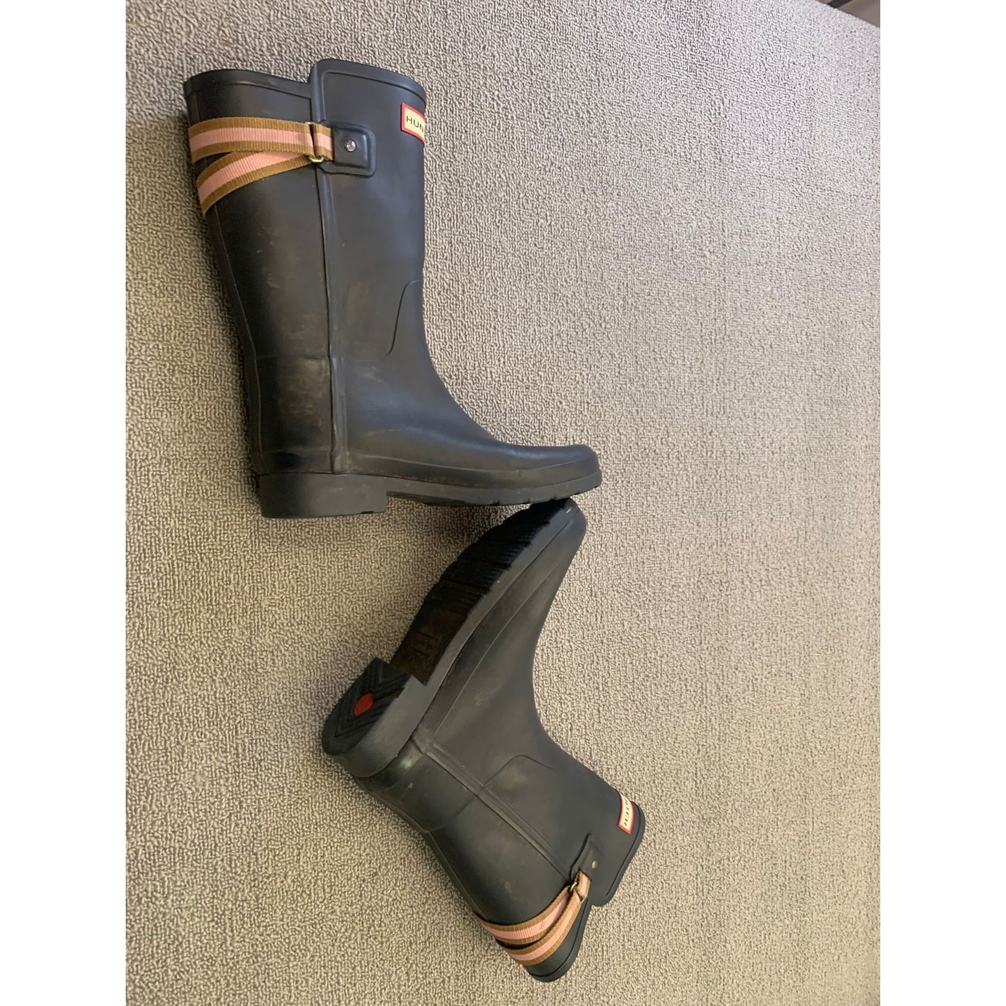 HUNTER Women US 7 Blue Rain Backstrap Pink Boots