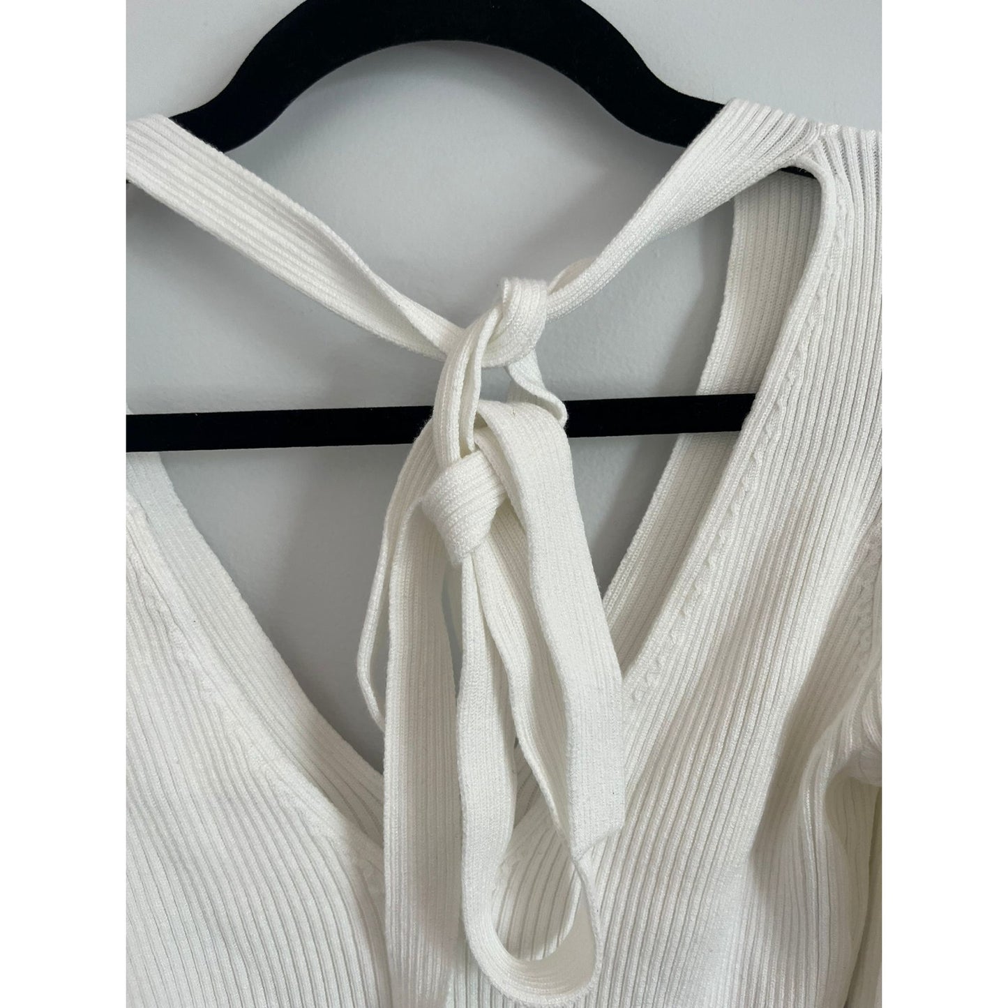 Ronny Kobo Top Women S White Ribbed Knit Puff Sleeve Tie Back Stretch V Neck