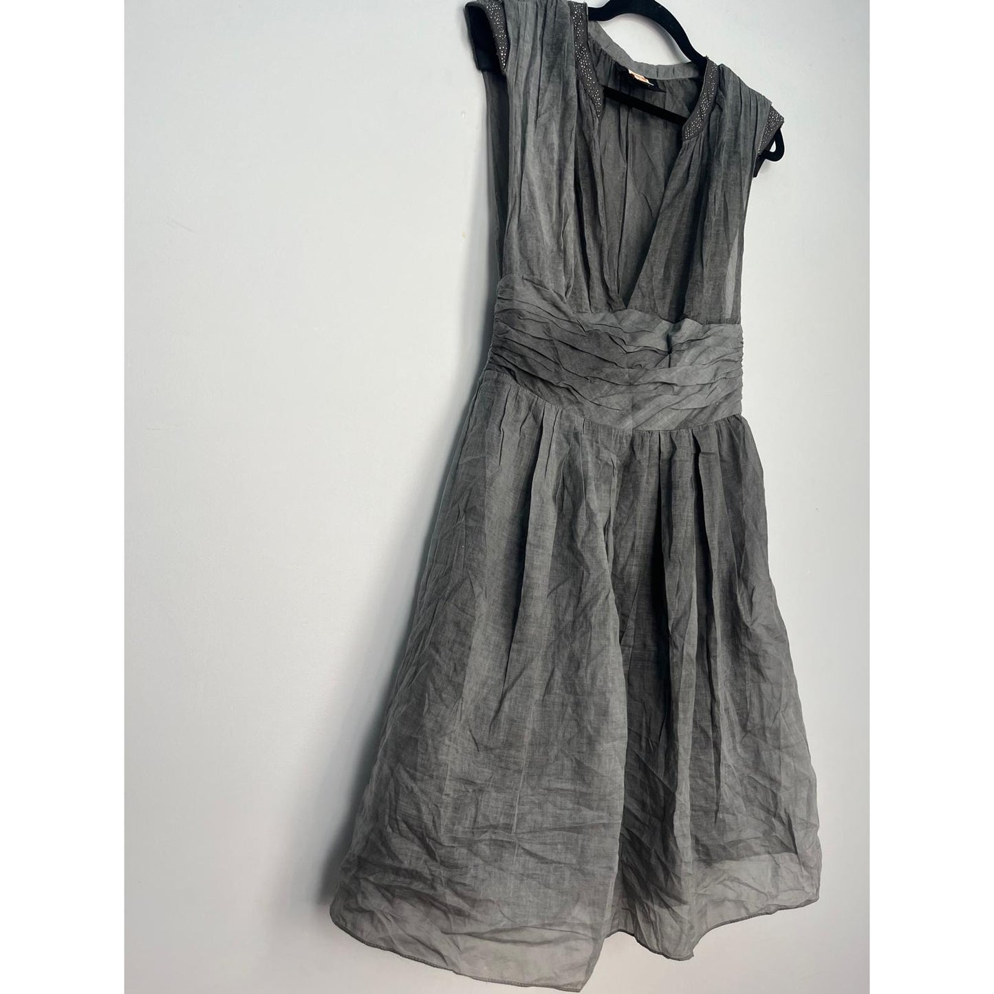 Boss Orange Gray Dress Women 6 Pleated Sheer Cap Sleeve Embellished Waist