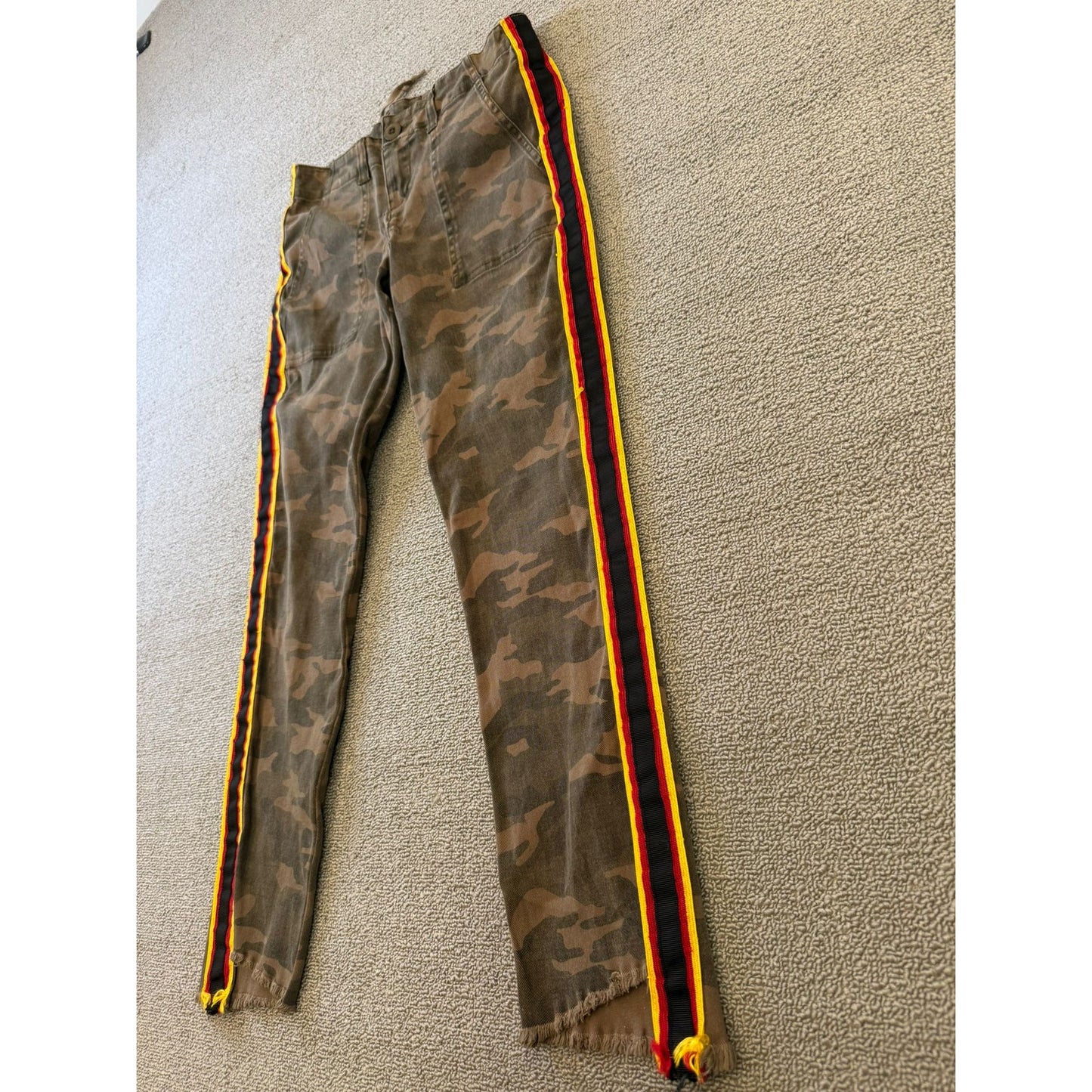 PAM & GELA Women's 24 Camo Camouflage Red Yellow Stripe Distressed Pants