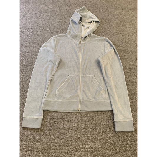 VERONA L Women's Gray Full Zip Velour Hooded Sweatshirt Soft Y2K