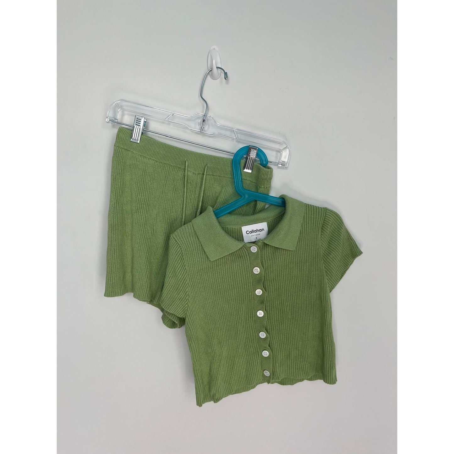 Callahan Knitwear Two Piece Set Women S Ribbed Green Button Top Shorts