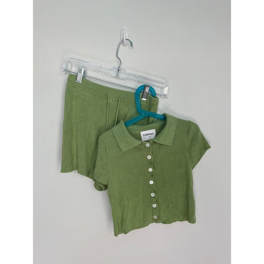 Callahan Knitwear Two Piece Set Women S Ribbed Green Button Top Shorts