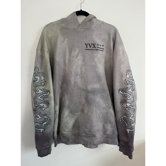 YV Graphic Hoodie Men XL Gray Tie Dye Streetwear Planet Back Print