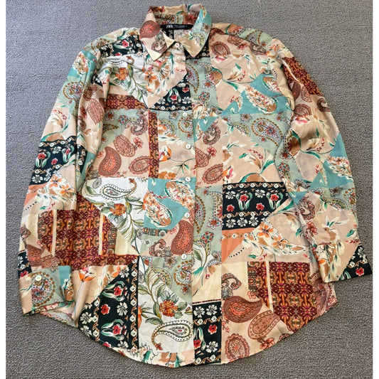 Zara Women's XS Multi-Color Long Sleeve Paisley Boho Button Shirt