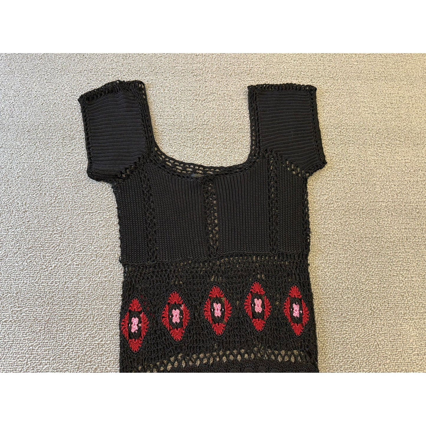 ABS by Allen Schwartz Crochet Small Maxi Dress Black Red Floral Boho