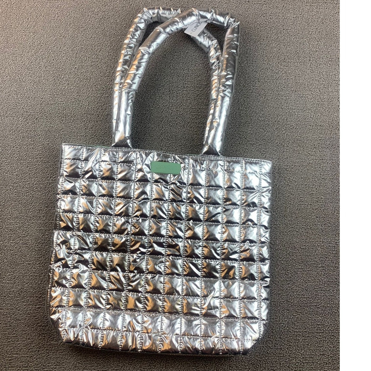 Clinique Women Small Silver Mint Green Puffer Quilted Tote Bag Cosmetic Pouch