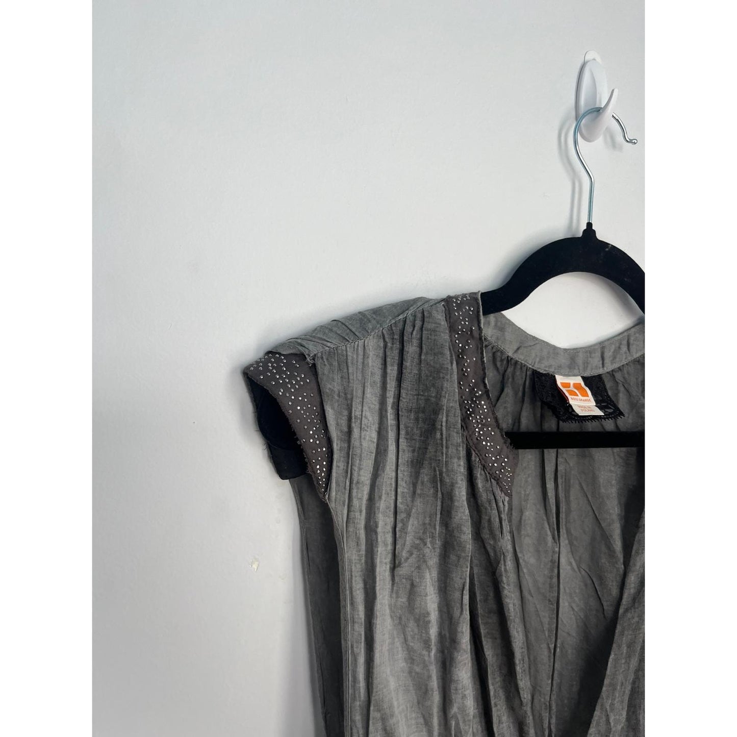 Boss Orange Gray Dress Women 6 Pleated Sheer Cap Sleeve Embellished Waist