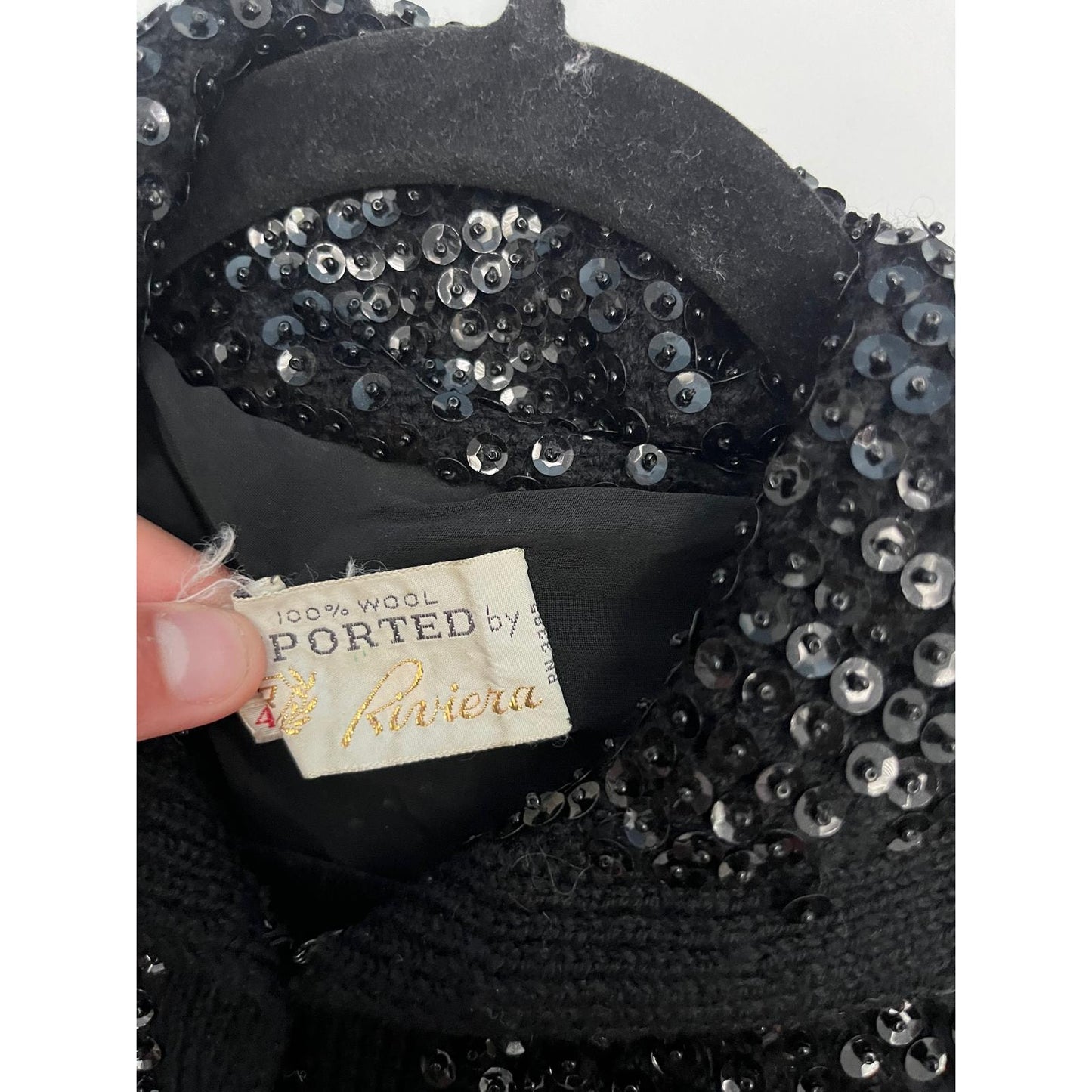 Riviera Sequin Wool Cardigan Sweater Womens 40 Black Vintage Beaded Button Up