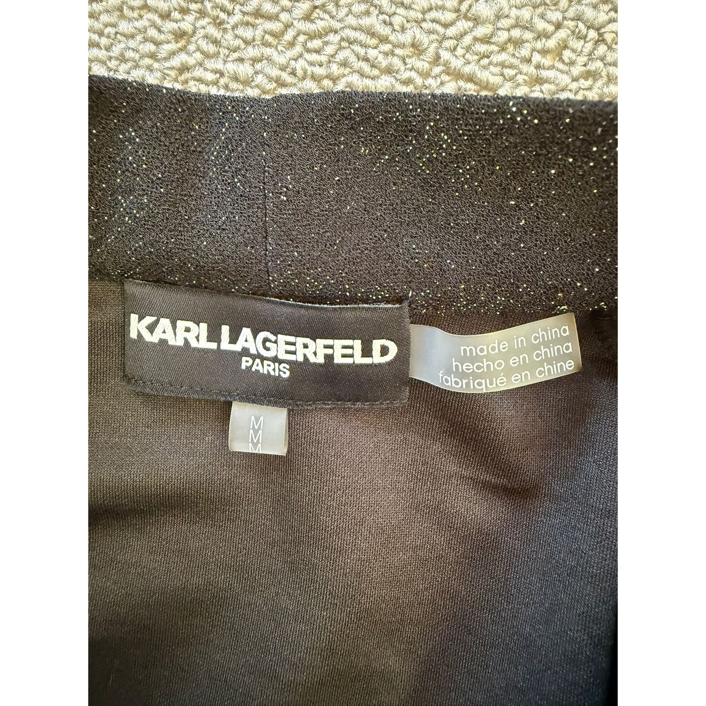 Karl Lagerfeld Paris Women's M Black Tie Neck Metallic Blouse Top