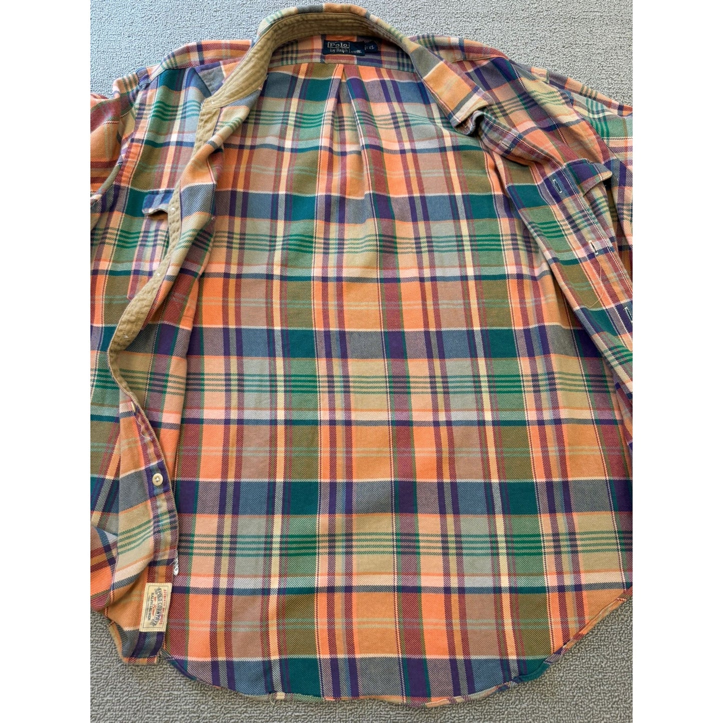 Polo by Ralph Lauren Male XL Orange Blue Green Plaid Collared Long Sleeve Shirt