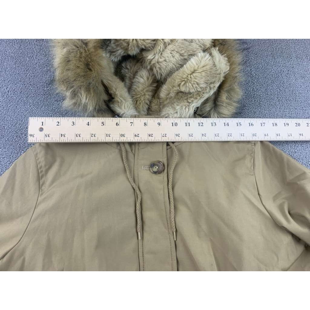 Levi’s Hooded Parka Jacket Women L Tan Faux Fur Trim Quilted Lining Drawcord