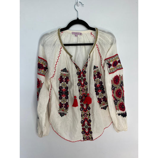 Calypso St Barth Embroidered Boho Blouse Women XS Cream Red Peasant Top
