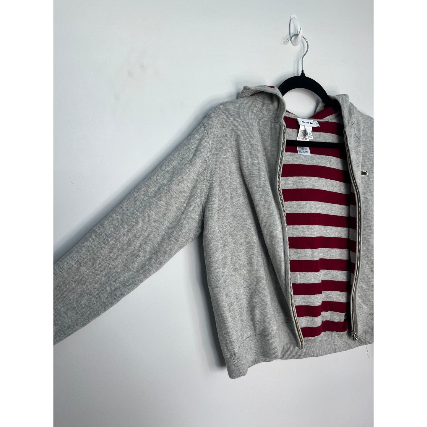 Lacoste Zip Hoodie Teen/Boy Size 12 Grey Red Cropped Cotton Blend Lightweight