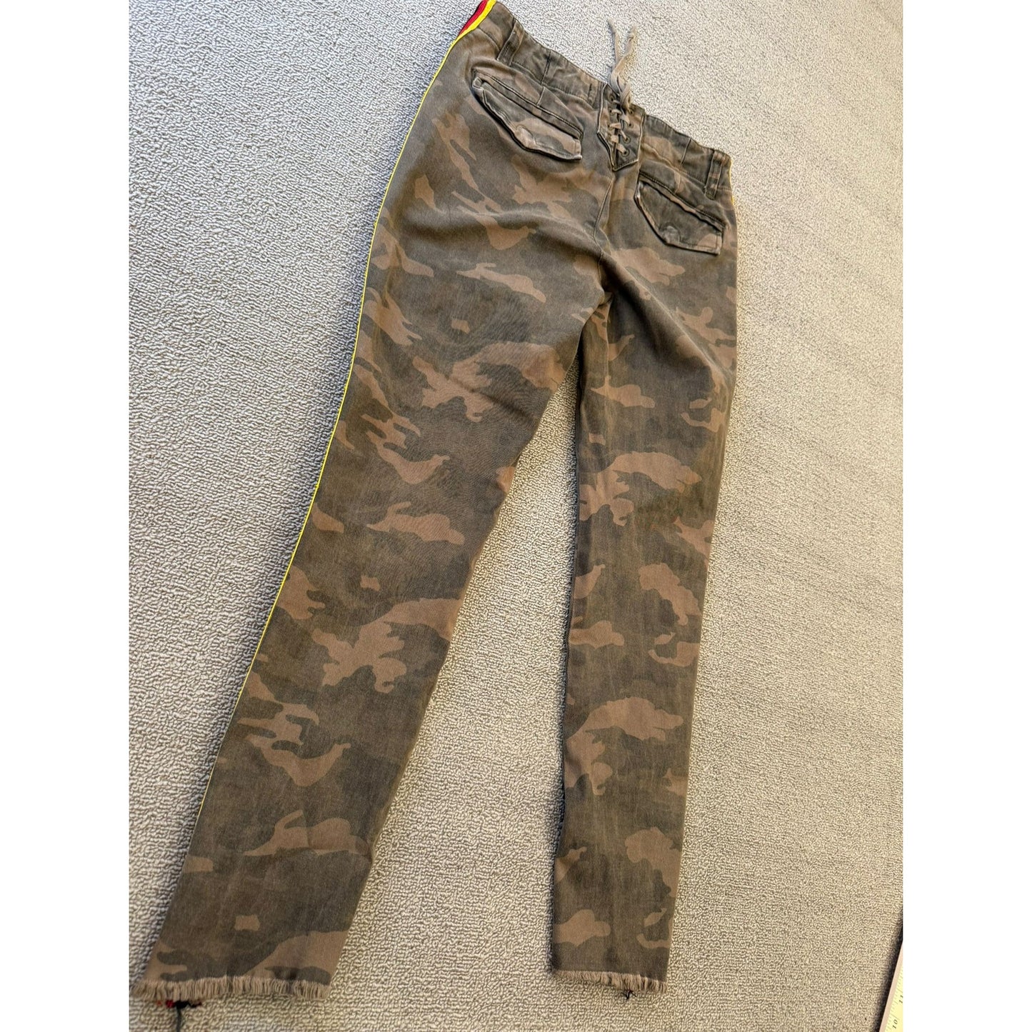 PAM & GELA Women's 24 Camo Camouflage Red Yellow Stripe Distressed Pants