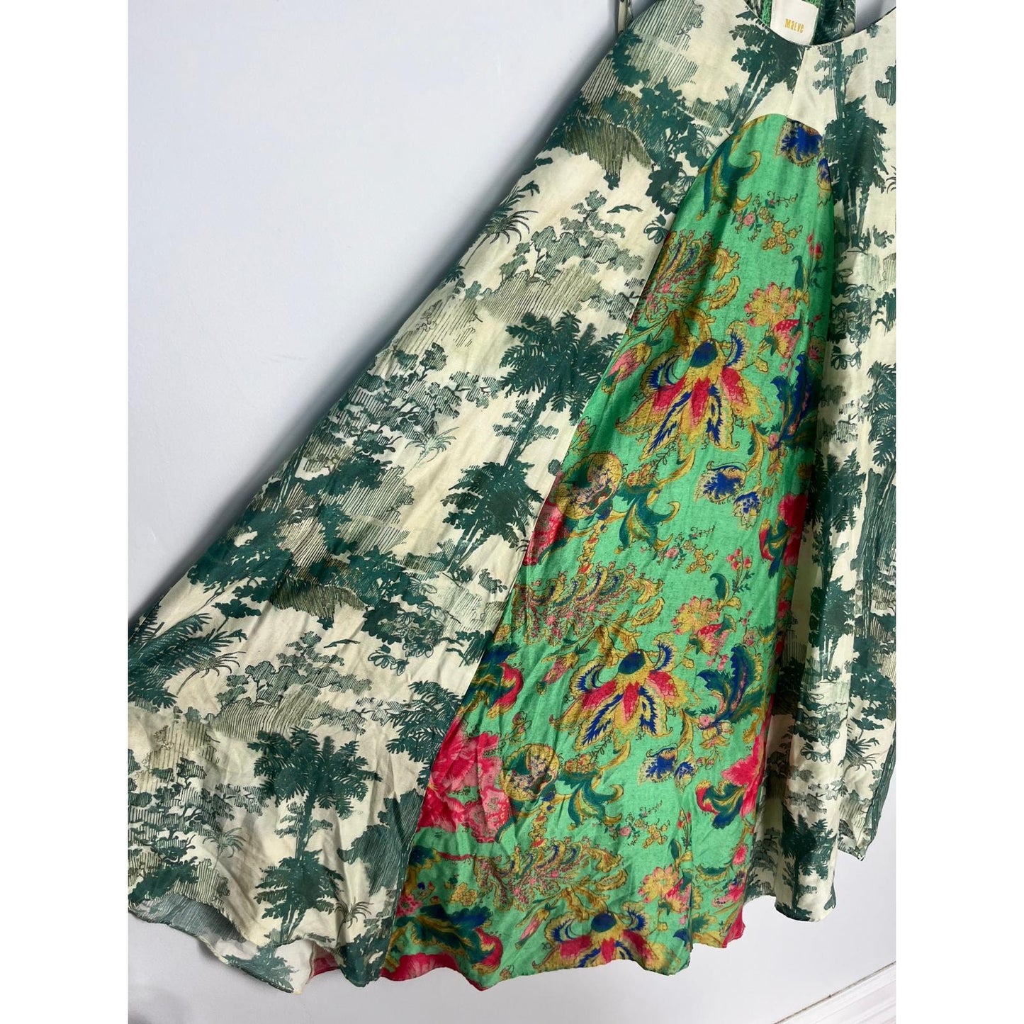 Maeve Sundress Women XS Green Scenic Print Tie Strap Boho Summer Dress