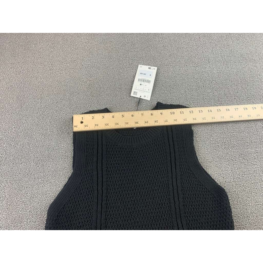 Zara Sweater Vest Women L Black Knit Crewneck Sleeveless Crochet Hem NWT